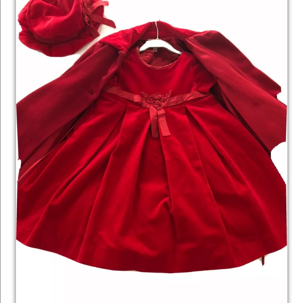Nieman Marcus Helena brand 3T red velvet dress, hat, and coat